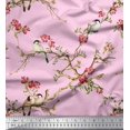 thumbnail image 1 of Soimoi Pink Poly Georgette Fabric Floral & Franklin Gull Bird Printed Fabric 1 Yard 52 Inch Wide, 1 of 5