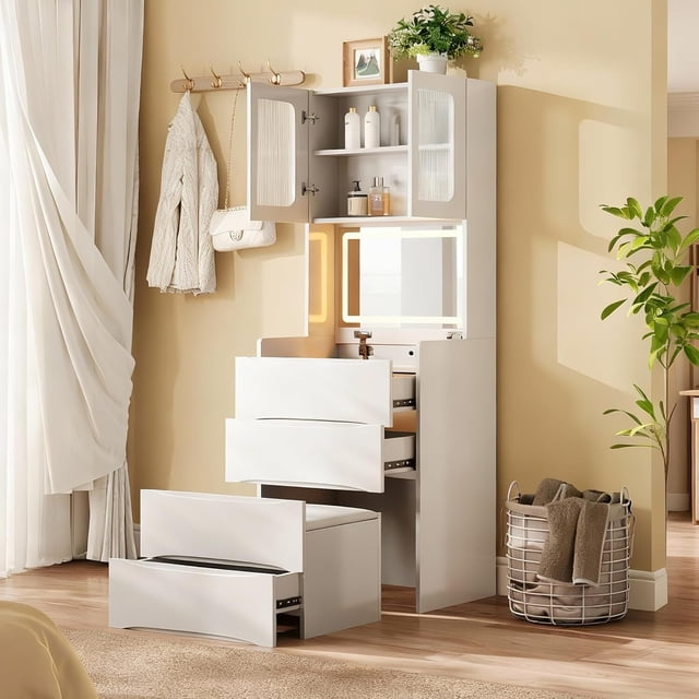 Montary 3-in-1 Vanity Table Set with LED Mirror, Storage Stool & Cosmetic Organizer, Flip-Top Makeup Desk, White