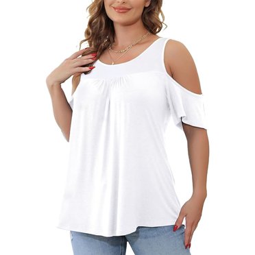 BADHUB Plus Size Cold Shoulder Tops for Women Summer Scoop Neck Short Sleeve T-shirts Comfy Hide Belly Blouses Casual Solid Color Tunic Shirt