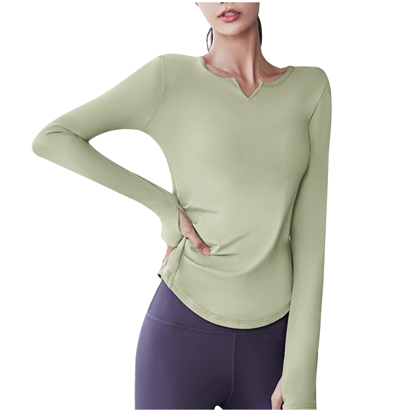 Timegard Yoga Tops for Women Long Sleeve V-Neck Ruched Tee Trackshirts Athletic Workout Running Tops