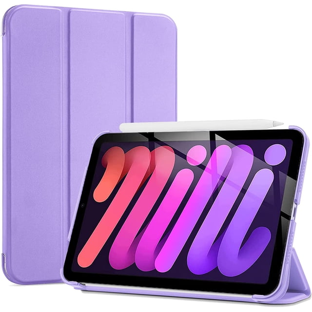 Case For iPad Mini 6 Case 6th Generation Stand Folio Mini Cover in purple, designed for the 2021 Apple iPad Mini 6th Generation. Features a durable synthetic leather exterior, lightweight ABS back, and precise cutouts for full access to cameras, speakers, ports, and buttons. Includes a built-in stand for versatile viewing angles, ideal for typing, video calls, or watching videos. Slim and shockproof design protects against dust, scratches, and shocks.