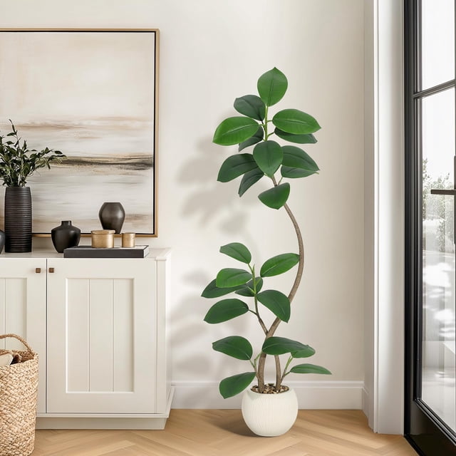 4.9ft Artificial Rubber Tree with Off White Sphere Resin Planter & Stone,Indoor Artificial Tree Tall Plant Fake Tree,Faux Fiddle Leaf Fig Tree for Home Decor