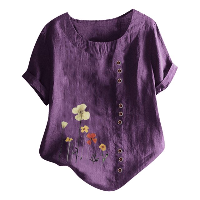 EQWLJWE Chemises pour Femmes Liquidation T-Shirts pour Femmes Femmes Manches Courtes Décontracté Col Rond Imprimé Ample Tunique à Boutons Chemise Blouse Hauts
