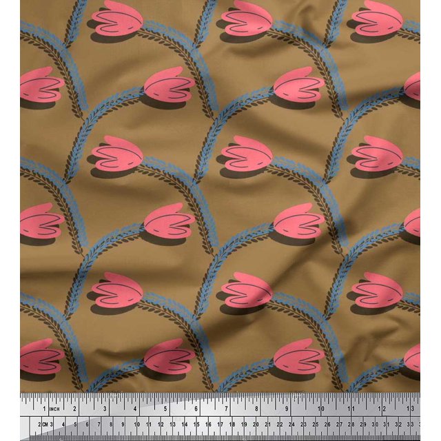 Soimoi Poly Georgette Fabric Leaves & Tulip Floral Printed Craft Fabric by the Yard 42 Inch Wide