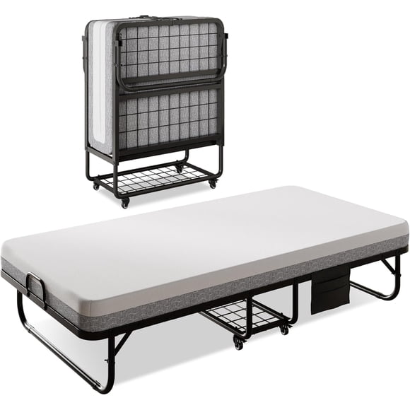 iPormis Folding Bed with Mattress, 76x38 Twin Size with Storage Shelf & Side Pocket, Portable Roll Away Adult Beds for Guests, Portable Bed with Lockable Wheels-Sturdy Metal Frame, Space Saving