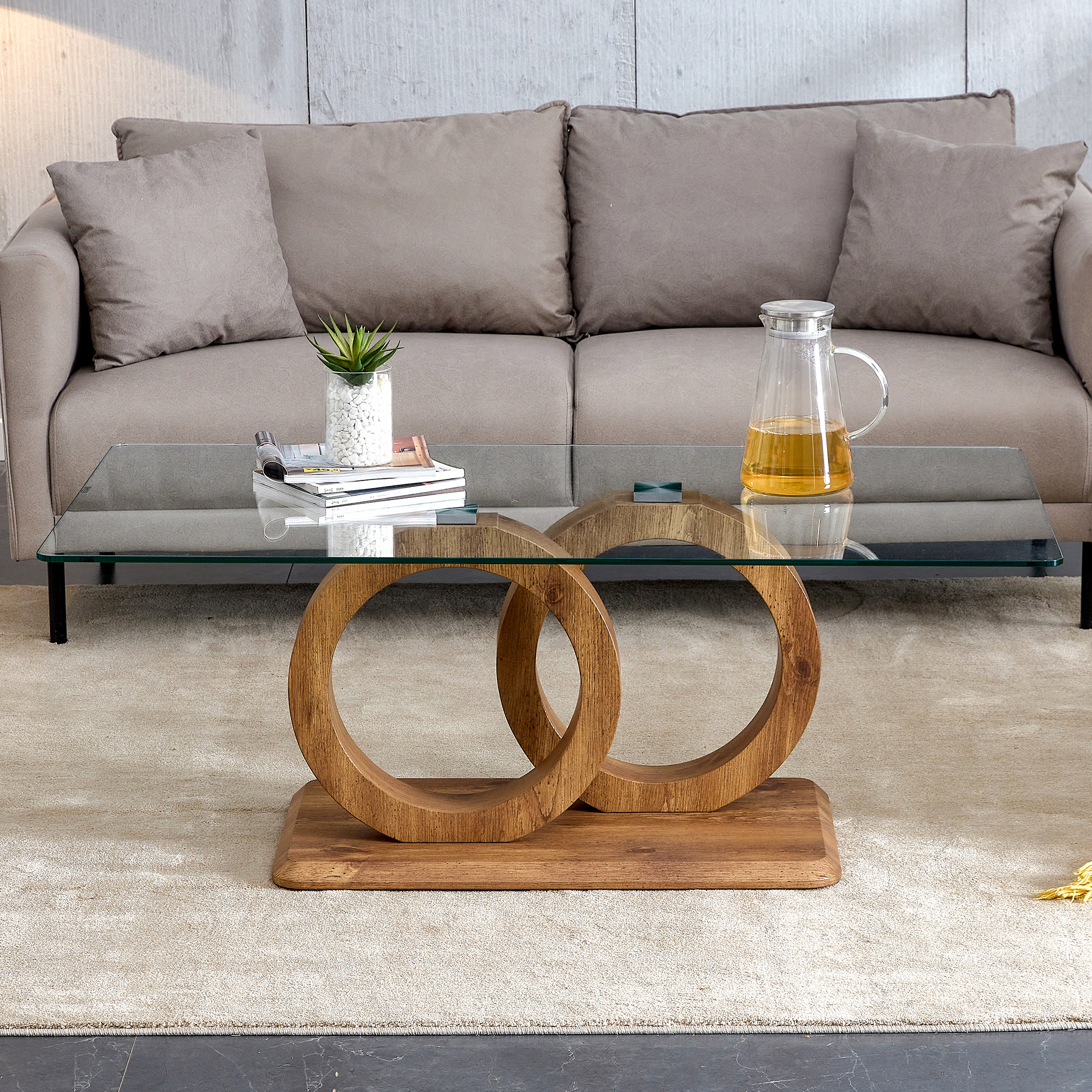 Table basse Noble House en forme de O à double anneau entrelacé, piètement en MDF grain de bois, naturel