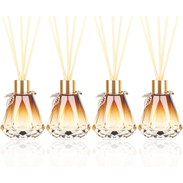 4pcs Reed Diffuser, Reed Diffuser Empty Bottles with 20pcs Reed Diffuser Sticks, Delicate Gold Leaf Decor, Glass Fragrance Diffuser Set with lids for Home (Gold, 4pcs)