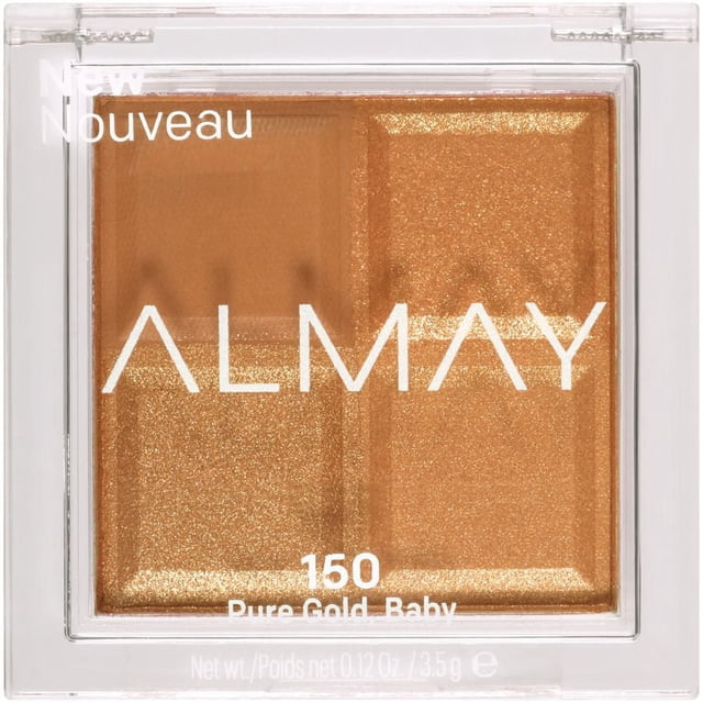 Almay Shadow Squad eyeshadow palette 150 Pure Gold Baby featuring four warm gold and bronze pressed powder shades with matte and shimmer finishes in a clear compact, ideal for creating versatile eye makeup looks.