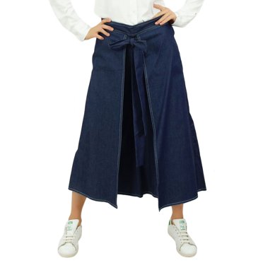 Bimba Women's Back Elastic Waistband Denim Culotte Capri Pants with Pockets