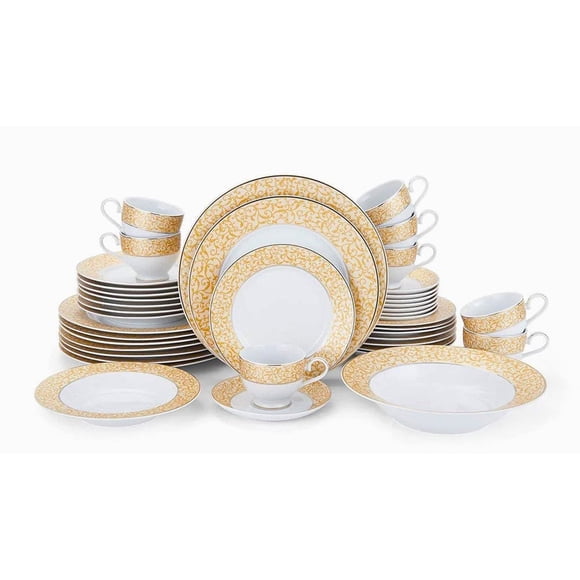 Mikasa Dinnerware 42 Piece Set Parchment Gold, Service for 8 people + 2 serving pieces Fine Porcelain