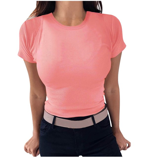 AherBiu Hauts Côtelés pour Femmes Été Col Ras du Cou Tricoté Manches Courtes Extensible Coupe Ajustée Hauts de Sortie T-Shirts Chemises