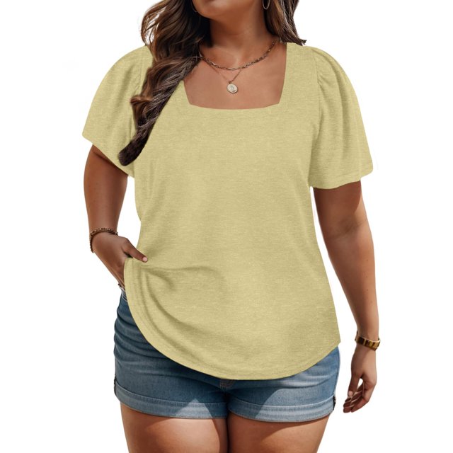 Jsaierl Womens Plus Size Short Sleeve Tunics Casual Loose Square Neck Tops Solid Color Home Workout Shirts Summer Basic Simple Blouses