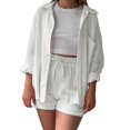 thumbnail image 1 of Fgnfyis Ensemble Décontracté 2 Pcs pour Femmes, Chemise à Manches Longues Col Rond Taille Haute avec Cordon de Serrage, Shorts, Blanc P, 1 of 5