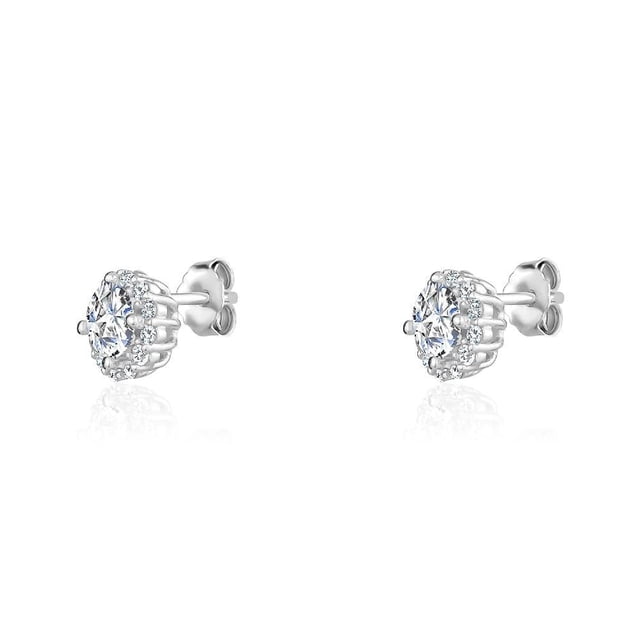 Luxury Designs Cubic Zirconia Halo studs are silver-tone women's stud earrings with a central round cubic zirconia stone encircled by smaller stones in a halo setting, displayed in a close-up front view on a white background, ideal for adding elegant sparkle to everyday jewellery collections.