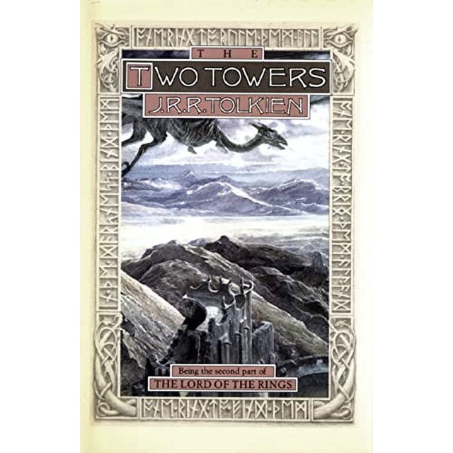 The cover of 'The Two Towers: Being the Second Part of the Lord of the Rings' by J.R.R. Tolkien, published by Houghton Mifflin Harcourt. The illustration depicts a fortress on a rocky terrain with a flying creature above and mountains in the background. The title is framed by an intricate border with runic patterns.