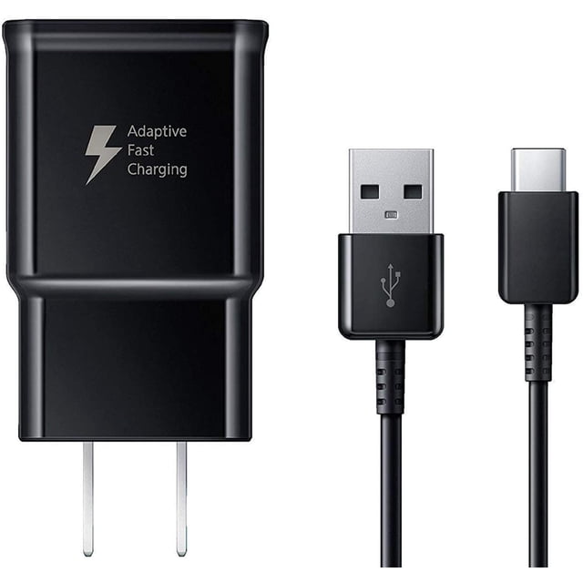 OEM Adaptive Fast Charger for Samsung Galaxy Note9 15W with Certified USB Type-C Data and Charging Cable in black. Includes a detachable 4-foot USB Type-C cable and a wall charger with dual voltage support (9.0V and 5.0V, 2.0A). Compatible with Type-C USB devices from brands like Samsung, LG, HTC, and more. Designed for fast charging, capable of charging devices from 0 to 50% in about 30 minutes.