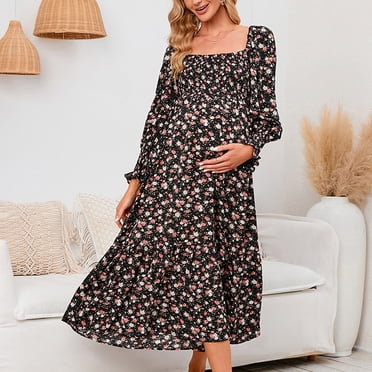 Hinvhai Womens Square Neck Floral Maxi Dress Clearance Puffy Sleeve Flowy Maternity A Line Wrap Dress Baby Shower Maternity Dress Black 8(L)