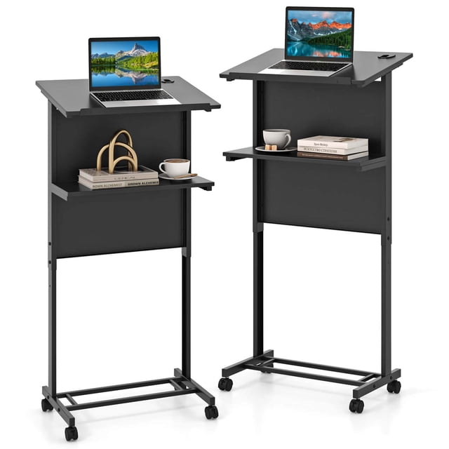 Costway 2 Pcs Pupitre Mobile Hauteur Réglable Chariot Roulant pour Ordinateur Portable Noir
