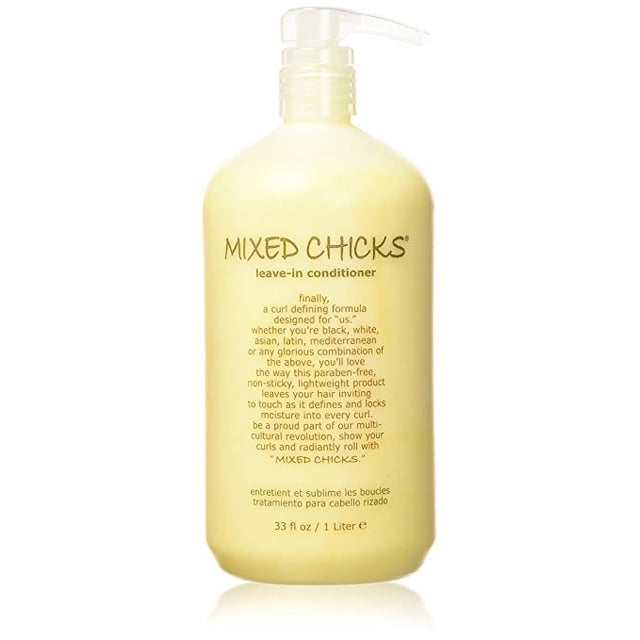 Mixed Chicks Leave In Conditioner 1L in a yellow pump bottle with black text describing its curl-defining formula. Ideal for curly and coarse hair, it tames frizz, restores moisture, and defines curls. This leave-in conditioner rehydrates and repairs damaged hair, making it soft and manageable.