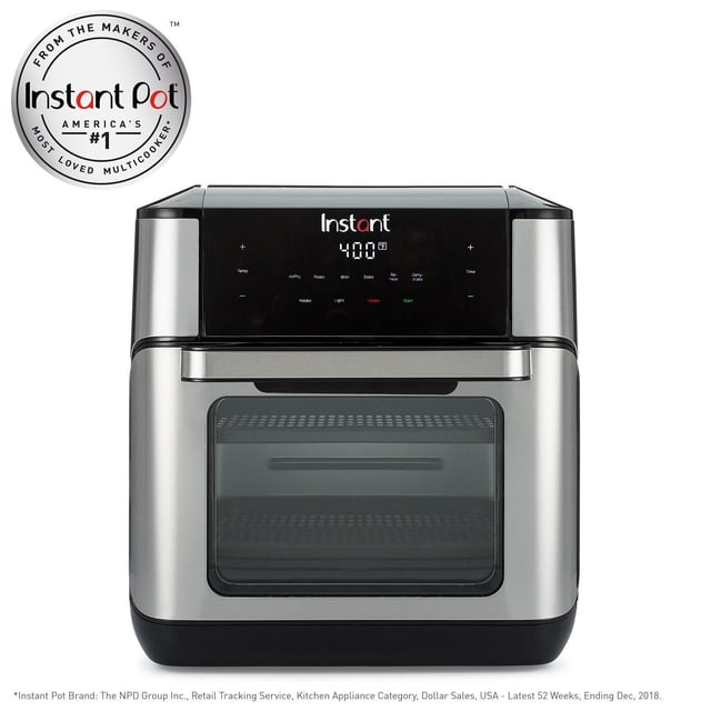 Instant Pot Vortex Plus Air Fryer Compact Oven in brushed stainless steel with black trim, featuring a digital touchscreen panel displaying 400°F and smart cooking modes including Air Fry, Roast, Broil, Bake, Reheat, Dehydrate, and Rotate, with a transparent front door window for easy food monitoring.