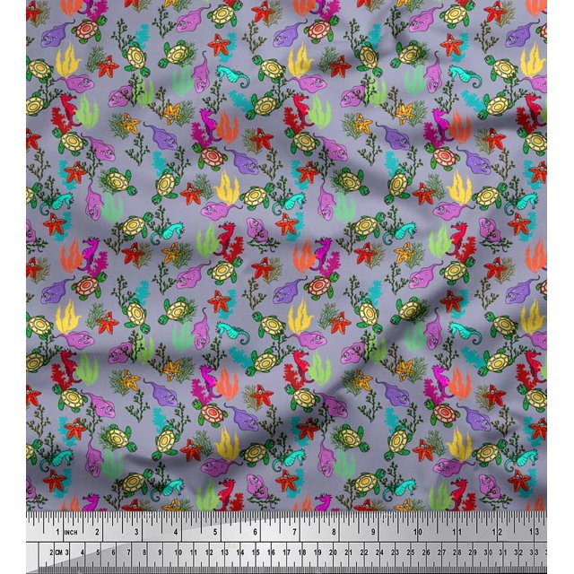 Soimoi Poly Georgette Fabric Coral,Starfish & Turtle Ocean Fabric Prints by Yard 52 Inch Wide