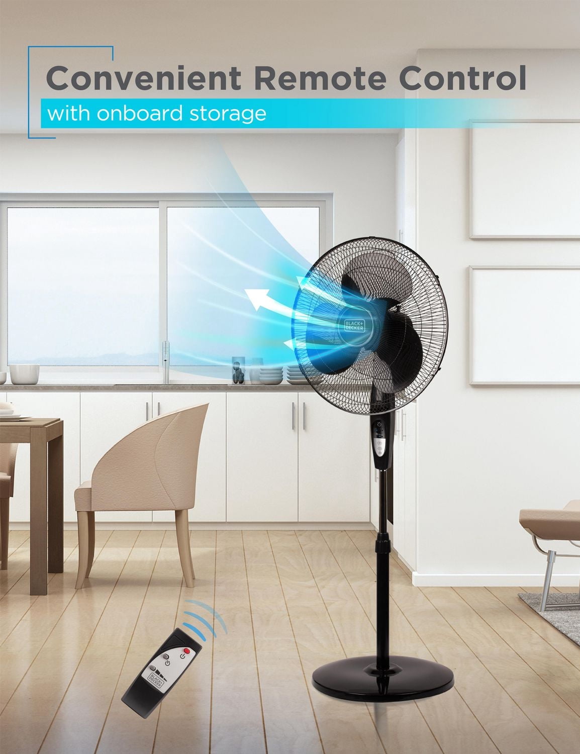 Ventilateur sur pied Black + Decker de 16 po avec télécommande et base ronde, noir