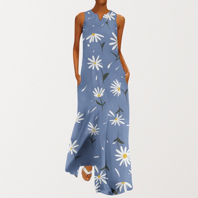 Robe Soleil Mode Femme Col en V Sans Manches avec Poche Robes Imprimées Robes Élégantes pour Femmes en Liquidation