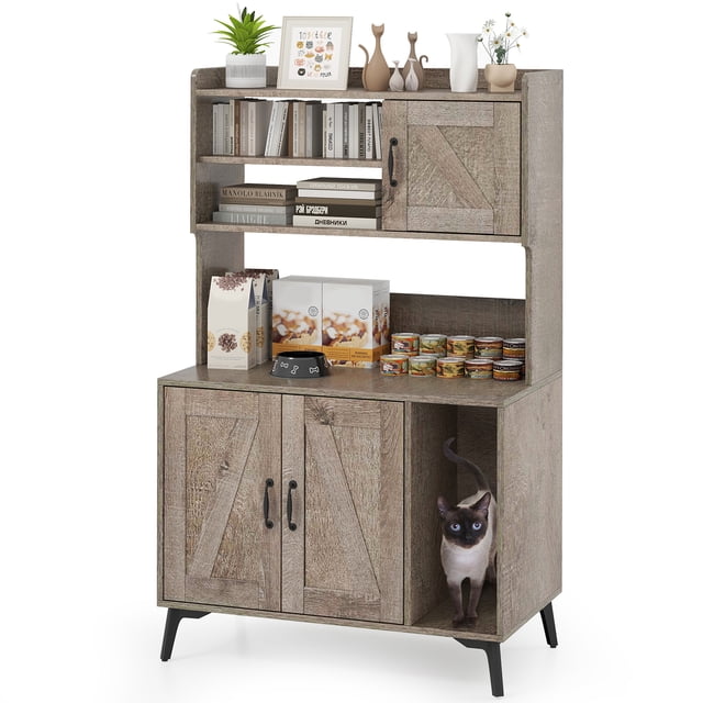 Gymax Grand Meuble Cache-Litière pour Chat avec Étagères de Rangement d'Exposition en Fini Chêne. Ce Meuble Multifonction pour Chat Présente une Conception à 4 Niveaux avec Trois Étagères Ouvertes, une Armoire Fermée et un Comptoir Spacieux. l'Armoire Inférieure à Double Porte Sert d'Enceinte Cache-Litière, Offrant de l'Intimité aux Chats Tout en Réduisant les Odeurs et le Suivi de la Litière. l'Unité Est Soutenue par des Pieds en Métal Robustes avec Patins de Pieds Ajustables et Comprend un Dispositif Anti-Basculement pour une Stabilité Accrue. Idéal pour une Utilisation dans les Salons, les Chambres