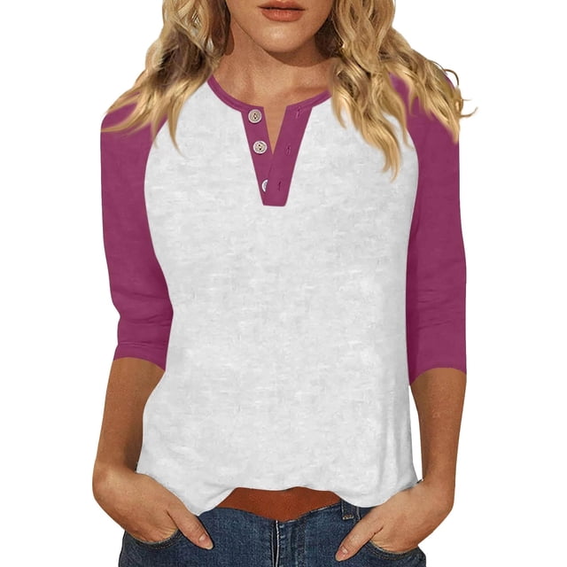ManxiVoo Relaxed Fit Womens Top V Neck 3 4 Sleeve Button Front Shirt with Raglan Sleeves for Summer S Size Hot Pink