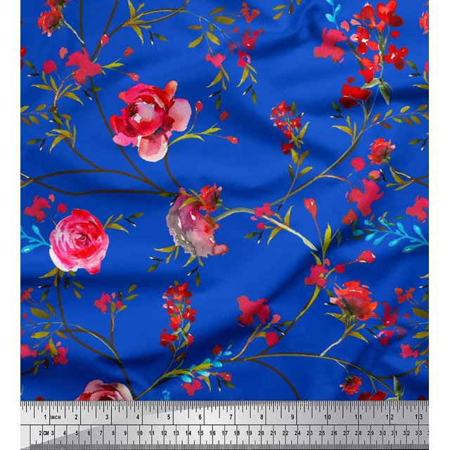 Soimoi Blue Japan Crepe Satin Fabric Leaves & Ranunculus Floral Print Sewing Fabric Yard 42 Inch Wide