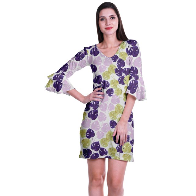 Moomaya Robe Courte Imprimée pour Femmes, Manches Évasées, Coupe Droite, Robes pour Femmes, Vêtements d'Été Décontractés