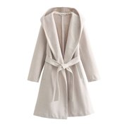 HWRETIE Women's Hooded Wool Coat Loose Fit Long Sleeve Winter Fashion Jacket Casual Warm Outerwear