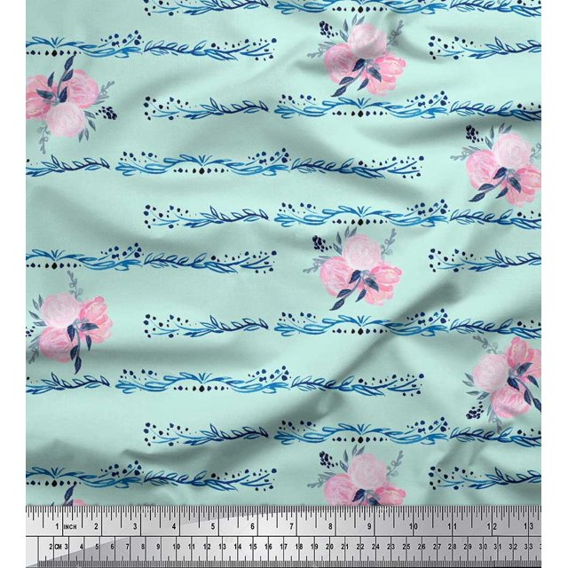 Soimoi Green Cotton Cambric Fabric Leaves & Ranunculus Floral Print Sewing Fabric Yard 56 Inch Wide