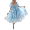 thumbnail image 1 of Women Summer Puffy Tulle Princess Dress Solid Color Square Neck Short Sleeve Ruffle Hem A-Line Dress Plus Size, 1 of 4