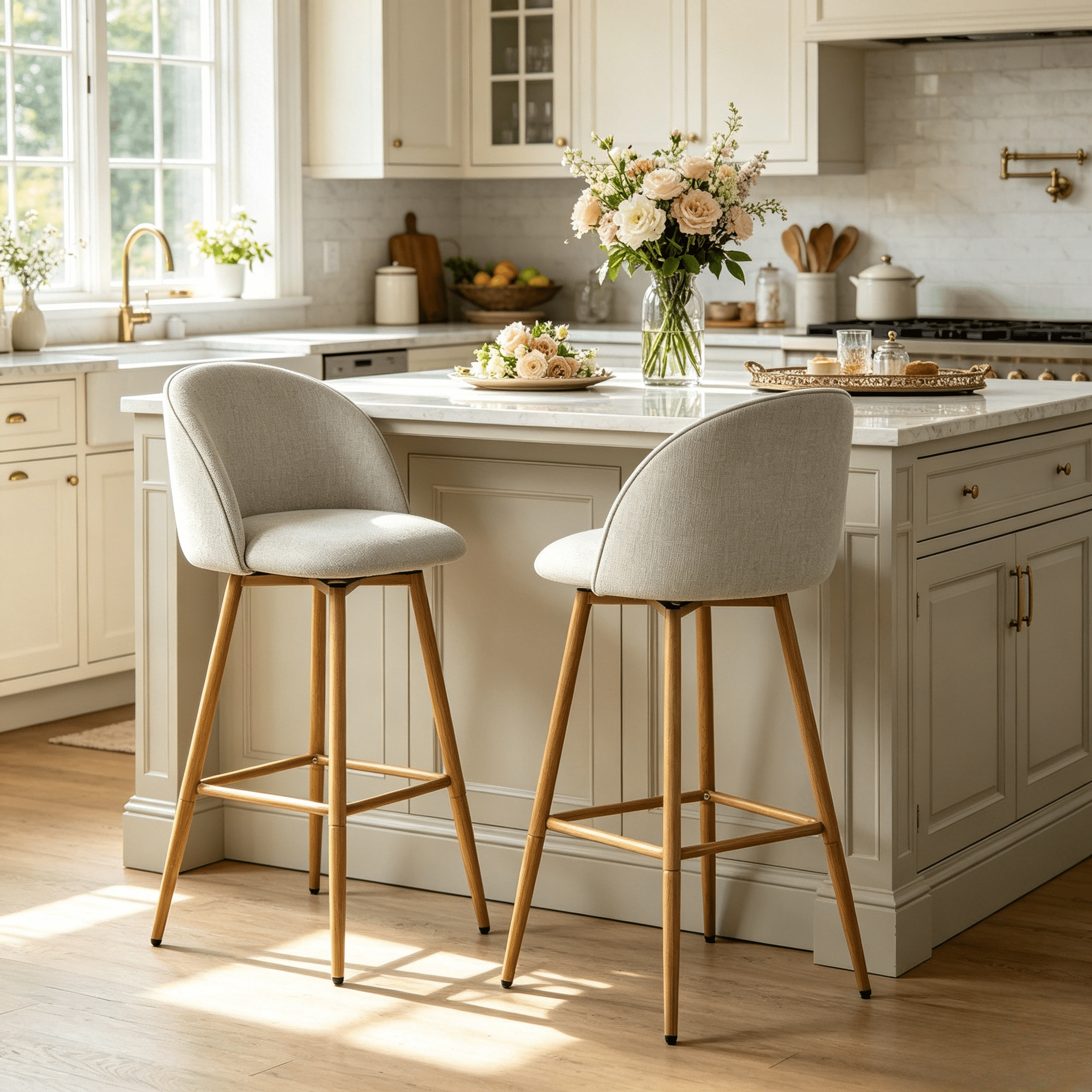Homy Casa Set of 2 Swivel Counter Stools, Upholstered Fabric Bar Chairs with Oak Pattern Metal Legs for Kitchen Island, Beige