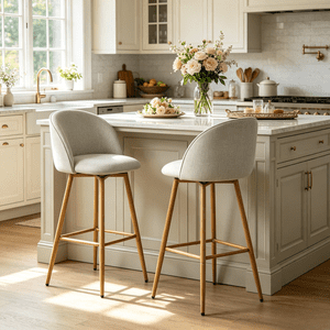 Homy Casa Set of 2 Swivel Counter Stools, Upholstered Fabric Bar Chairs with Oak Pattern Metal Legs for Kitchen Island, Beige