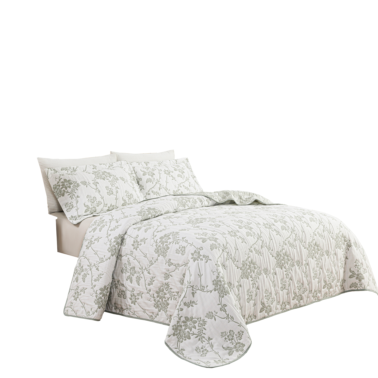Couvre-lit brodé en jacquard Marina Decoration, parure de lit ultra douce, réversible, avec taies d'oreiller matelassées, motif floral vert