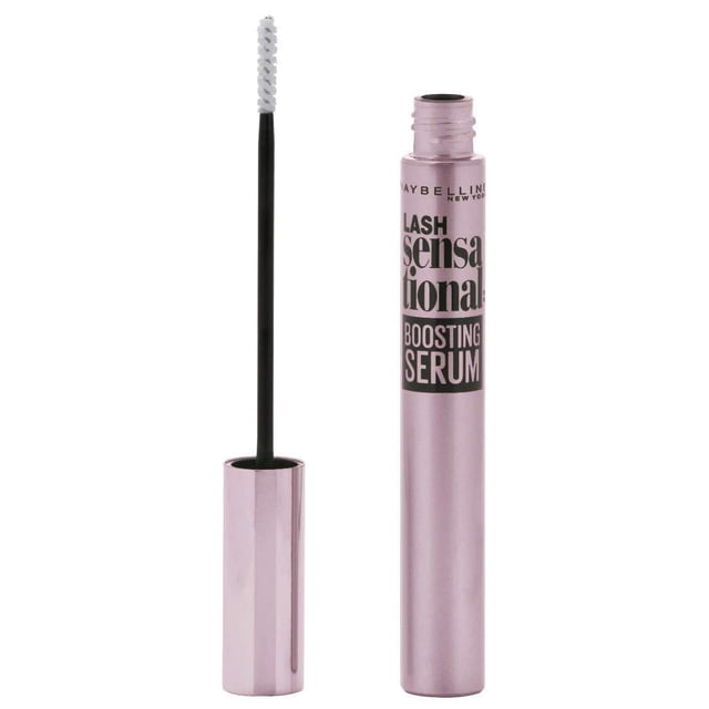 Maybelline New York Lash Sensational Boosting Eyelash Serum in a metallic pink tube with black text, open with a black wand and white spiral brush tip, designed to condition and thicken lashes for fuller, healthier eyelashes in 4 weeks with daily use.