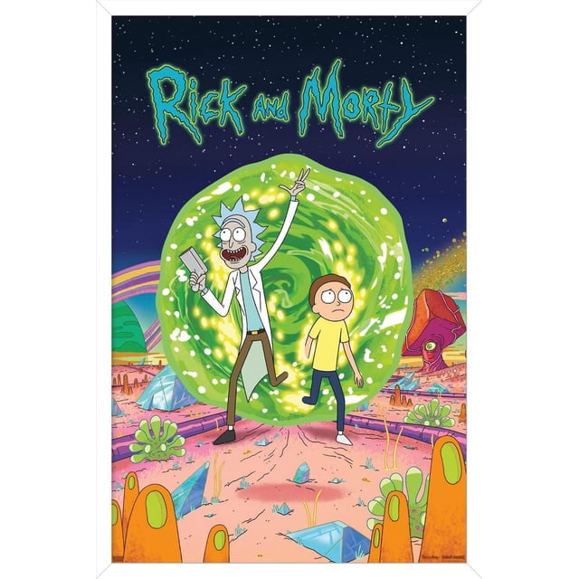 Rick And Morty - Cover Wall Poster, 22.375" x 34" depicting two animated characters standing before a glowing green swirling portal on an alien landscape with colorful rock formations, crystalline structures, and a starry night sky, printed on glossy poster paper suitable for home décor and wall art.