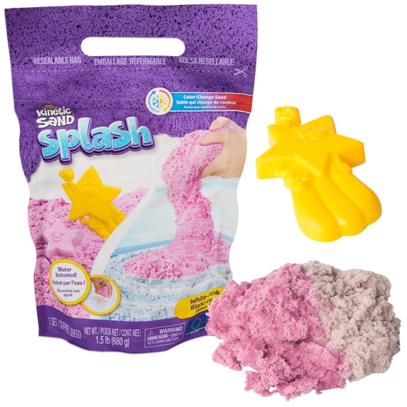 Kinetic Sand Splash, 680 g de sable de jeu blanc-rose qui change de couleur et moule de personnage, sac refermable, jouets pour tout-petits, pour filles et garçons à partir de 3 ans