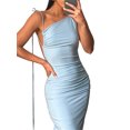 thumbnail image 2 of Women's Summer Bodycon Long Dress, Solid Color Slant Shoulder Drawstring Backless Ruched Detail Dress, 2 of 5