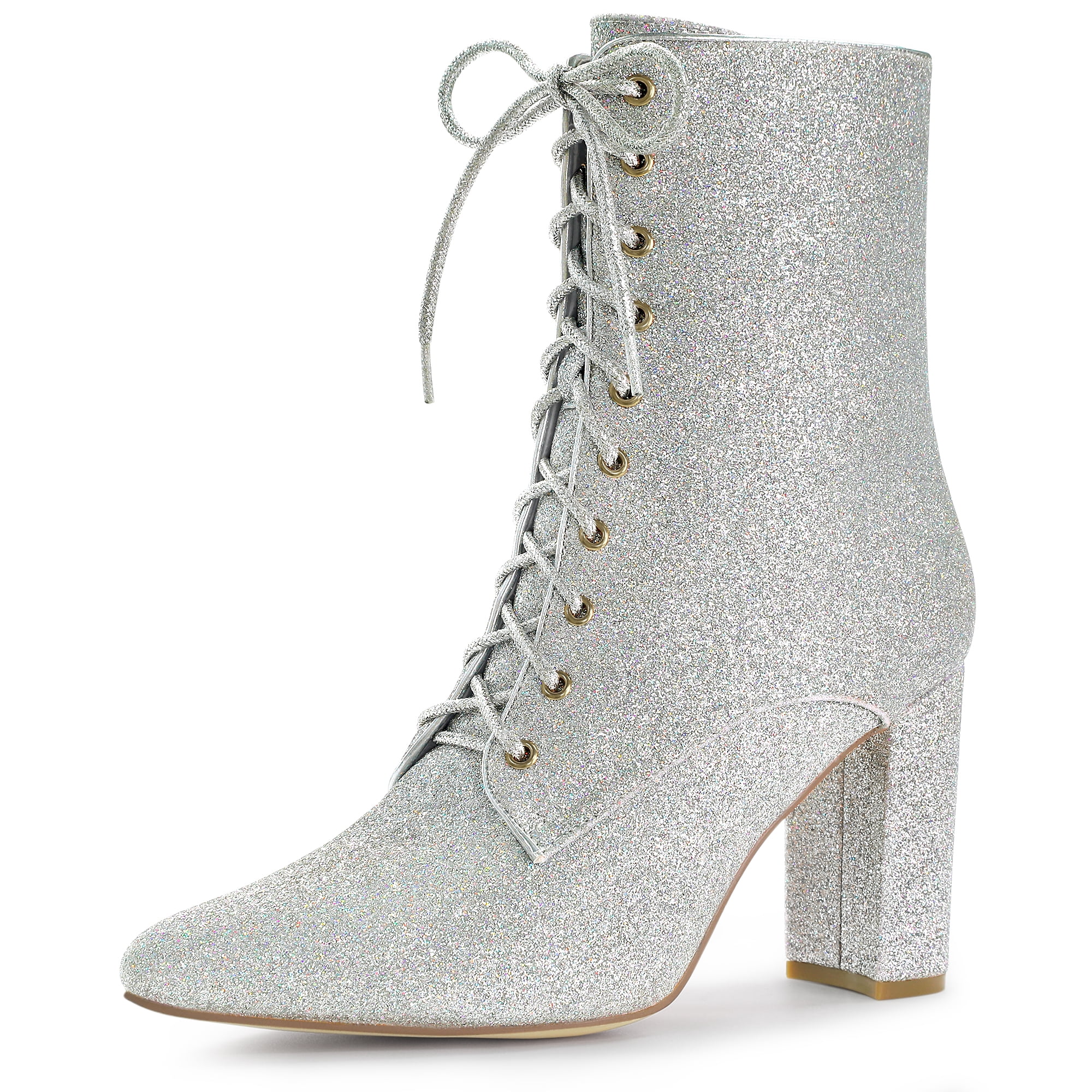 Unique Bargains Women's Pointy Toe Block Heel Glitter Ankle Boots