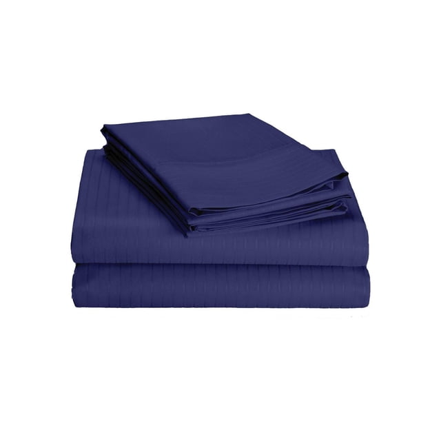 Johnson Home 600 Thread Count Cotton Tuxedo Sheet Sets in deep blue with subtle vertical stripe pattern, folded and stacked, made from breathable Egyptian cotton for durability and comfort, suitable for bedroom bedding and often used as guest linens.
