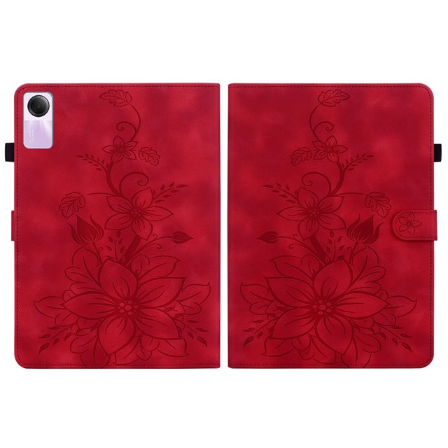XYX Tablet Case for Redmi Pad SE 11.0 inch, Lily Flower Pattern PU Leather Multiple Viewing Angles Stand Slim Folio Tablet Cover (Red)
