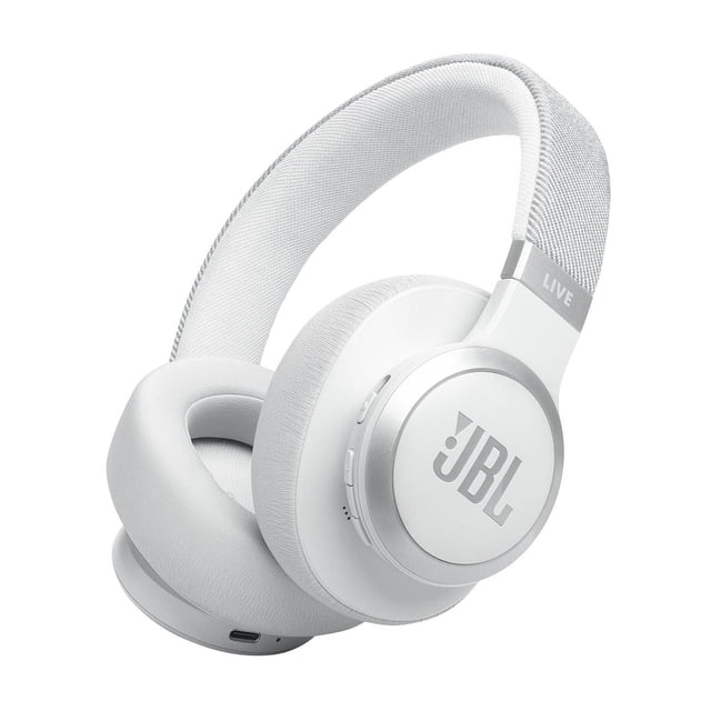 JBL LIVE 770NC over-ear headphones in white with cushioned ear cups and fabric headband, featuring JBL logo on earcup and control buttons, equipped with adaptive noise cancelling and Bluetooth connectivity, shown at a 3/4 angle on a white background.