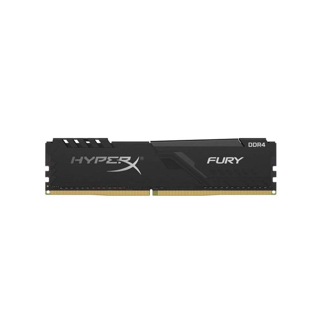 KINGSTON RAM HyperX Fury 8GB 3200MHz DDR4 CL16 DIMM 1Rx8 Black XMP Desktop Memory Single Stick HX432C16FB3/8 front-facing close-up of a single black low-profile DIMM with heat spreader and visible gold pin contacts. XMP-ready DDR4 desktop memory optimized for Intel chipsets, plug-and-play at 2400/2666MHz with a 3200MHz performance profile; often used for upgrading desktops or entry-level gaming rigs.
