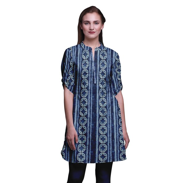 Bimba Roll Up Sleeve Kurti For Women Printed Mandarin Collar Short Kurti Tops