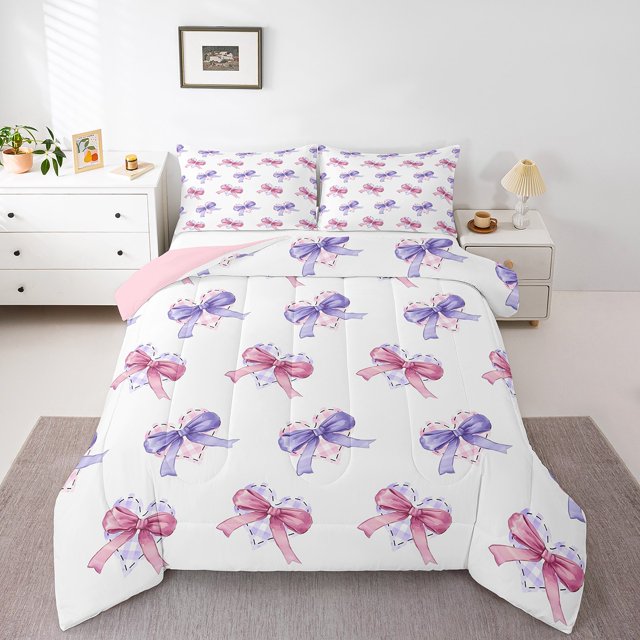 Erosebridal Ensembles de Couettes Nœud Girly Format Simple, Couettes et Duvets Rêveurs Violet Rose, Déco de Chambre de Princesse, Réversible