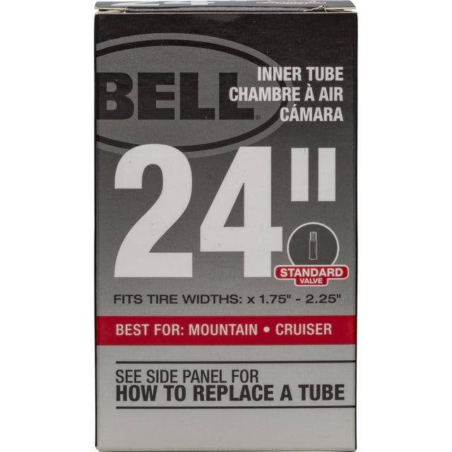 Bell Sports Standard Schrader Valve Tube 24 Pouces Chambre à Air pour Roues de 24 Pouces, Paroi Latérale en Caoutchouc Durci, Tige de Valve Schrader 32 mm; Convient aux Largeurs de Pneus 1,75–2,25 Po et Est compatible avec Vélos de Montagne et de Croisière; Convient comme Pièce de Rechange de Voyage pour Jeunes Ou Roues de Remorque.