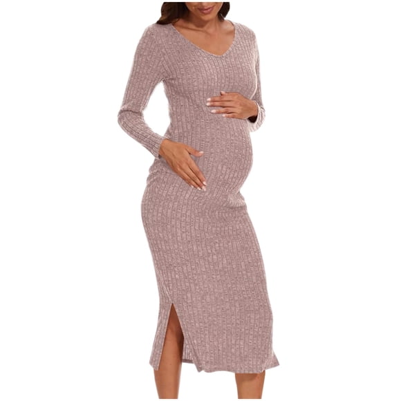 Robe de Maternité à Manches Longues, Robe Midi en Tricot Côtelé avec Fente Latérale